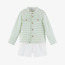 Babidu-Boys Green & White Cotton Gingham Shorts Set | Childrensalon