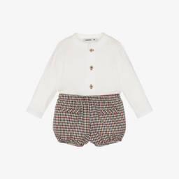 Babidu-Boys Ivory & Burgundy Red Check Cotton Shorts Set | Childrensalon