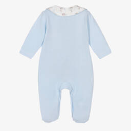 Babidu-Boys Pale Blue Cotton Knit Babygrow with Bunny Print Trims | Childrensalon