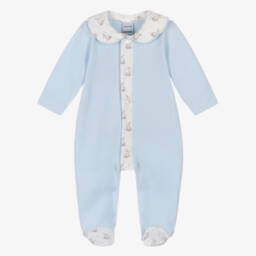 Babidu-Boys Pale Blue Cotton Knit Babygrow with Bunny Print Trims | Childrensalon