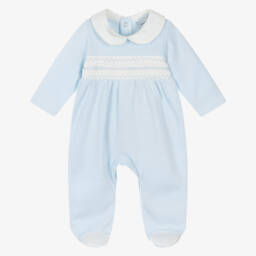 Babidu-Boys Pale Blue Cotton Knit Smocked Babygrow | Childrensalon