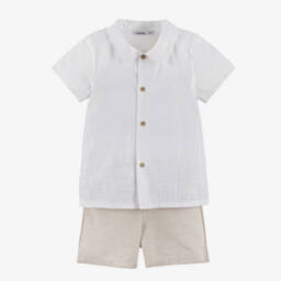 Babidu-Boys White & Beige Cotton Shorts Set | Childrensalon