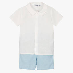 Babidu-Boys White & Blue Cotton Shorts Set | Childrensalon