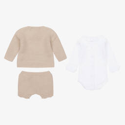 Babidu-طقم شورت أكريليك محبوك وقطن لون بيج وأبيض | Childrensalon