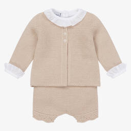 Babidu-طقم شورت أكريليك محبوك وقطن لون بيج وأبيض | Childrensalon