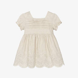 Babidu-Girls Beige Linen & Cotton Broderie Anglaise Dress | Childrensalon