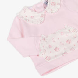 Babidu-Girls Pink Cotton Trouser Set with Floral Collar | Childrensalon