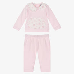 Babidu-Girls Pink Cotton Trouser Set with Floral Collar | Childrensalon