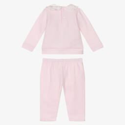 Babidu-Girls Pink Cotton Trouser Set with Floral Collar | Childrensalon