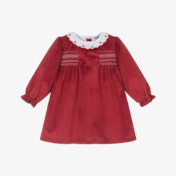 Babidu-فستان مخمل بتطريز سموك لون أحمر | Childrensalon