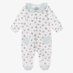 Girls White Cotton Floral Babygrow with Green Gingham Trims