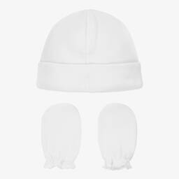 Babidu-White Cotton Hat & Mittens Set | Childrensalon