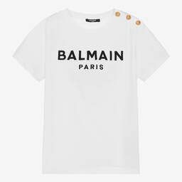 Balmain Teen White Balmain Paris Cotton T-Shirt Childrensalon