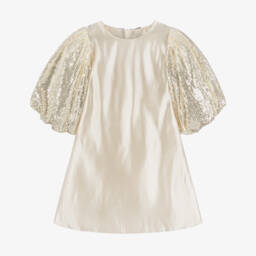 BCBGMAXAZRIA-Girls Beige Satin Dress with Sequinned Puffball Sleeves | Childrensalon