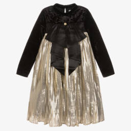 BCBGMAXAZRIA-Girls Black Velour & Gold Lamé Pleated Dress with Satin Bow | Childrensalon