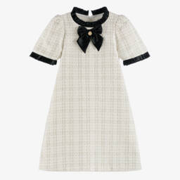 BCBGMAXAZRIA-Girls Ivory Tweed Dress with Black Satin Bow | Childrensalon