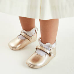 Beatrice & George-Baby Girls Gold Leather Pre-Walker Shoes  | Childrensalon