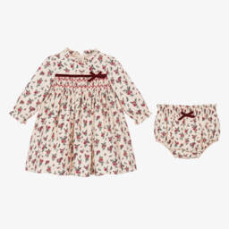 Beatrice & George-Baby Girls Ivory & Red Smocked Floral Dress | Childrensalon