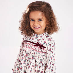 Beatrice & George-Baby Girls Ivory & Red Smocked Floral Dress | Childrensalon