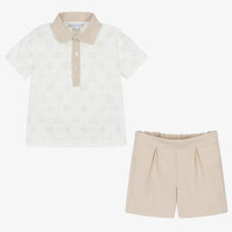 Beatrice & George-Boys Beige Cotton Monogram Shorts Set | Childrensalon