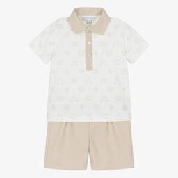 Beatrice & George-Boys Beige Cotton Monogram Shorts Set | Childrensalon