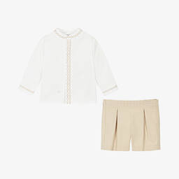 Beatrice & George-طقم باستر قطن مطرز لون بيج للأولاد | Childrensalon