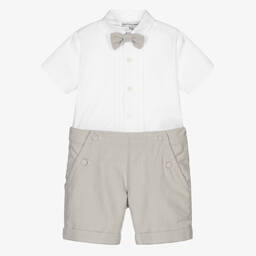 Beatrice & George-طقم شورت Herringbone قطن لون أبيض وبيج للأولاد | Childrensalon