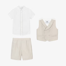 Beatrice & George-Костюм с двубортным жилетом в ёлочку бежевый для мальчиков | Childrensalon