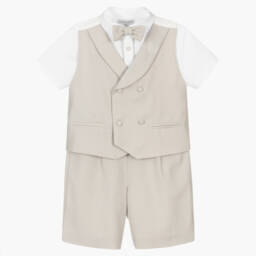 Beatrice & George-Boys Beige Herringbone Double-Breasted Waistcoat Suit  | Childrensalon