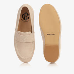 Beatrice & George-Boys Beige Leather Monogram Loafers | Childrensalon