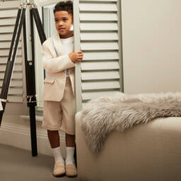 Beatrice & George-Boys Beige Leather Monogram Loafers | Childrensalon