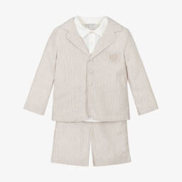 Beatrice & George-Boys Beige Striped Linen & Cotton Shorts Suit | Childrensalon