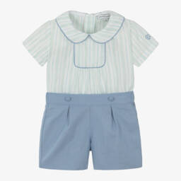 Beatrice & George-Boys Blue Cotton & Linen Buster Suit | Childrensalon