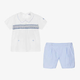 Beatrice & George-Boys Blue Hand-Smocked Cotton Buster Suit | Childrensalon