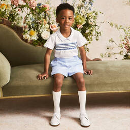 Beatrice & George-Boys Blue Hand-Smocked Cotton Buster Suit | Childrensalon