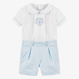 Beatrice & George-Boys Blue Smocked Buster Suit with Monogram Crest | Childrensalon