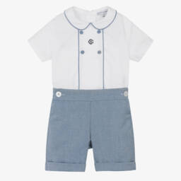 Beatrice & George-Boys Blue & White Cotton Herringbone Buster Suit | Childrensalon
