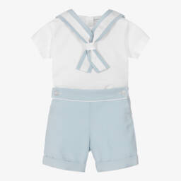 Beatrice & George-Boys Blue & White Cotton Herringbone Sailor Buster Suit  | Childrensalon