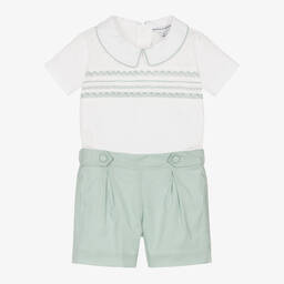 Beatrice & George-Boys Green Hand-Smocked Cotton Buster Suit | Childrensalon