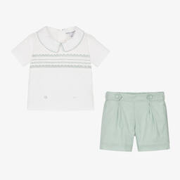 Beatrice & George-Boys Green Hand-Smocked Cotton Buster Suit | Childrensalon