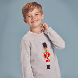 Beatrice & George-Свитер серый из шерсти и кашемира с королевским мишкой-барабанщиком длямальчиков | Childrensalon