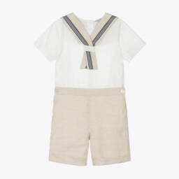 Beatrice & George-Boys Ivory & Beige Linen Sailor Buster Suit | Childrensalon