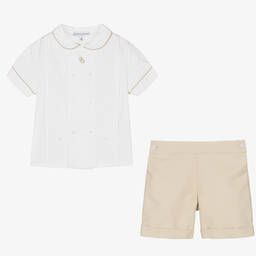 Beatrice & George-Boys White & Beige Cotton Buster Suit | Childrensalon