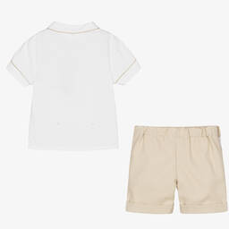 Beatrice & George-Boys White & Beige Cotton Buster Suit | Childrensalon