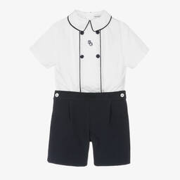 Beatrice & George-Boys White & Blue Cotton Buster Suit | Childrensalon