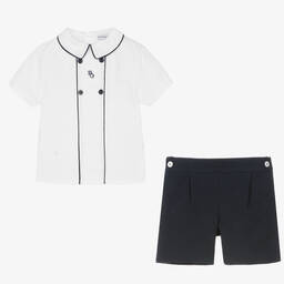 Beatrice & George-Boys White & Blue Cotton Buster Suit | Childrensalon
