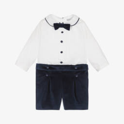 Beatrice & George-Boys White & Blue Velvet Buster Suit | Childrensalon