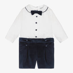 Beatrice & George-Boys White & Blue Velvet Buster Suit | Childrensalon