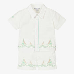 Beatrice & George-Boys White Linen & Cotton Embroidered Boat Shorts Set | Childrensalon