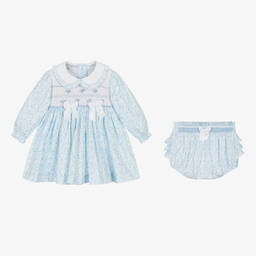 Beatrice & George-Girls Blue Hand-Smocked Cotton Dress | Childrensalon